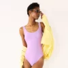 Juniors' Ninety-Nine Degrees° High-Leg Cheeky One-Piece Swimsuit -Women's Pokkori Clothing 5267685 Lilac Shine Rib