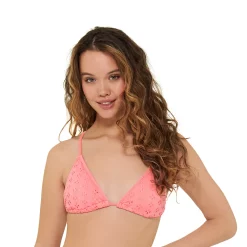 Juniors' Ninety-Nine Degrees° Shirred Triangle Swim Top -Women's Pokkori Clothing 5269332 Coral Fizz Eyelet