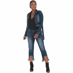Poetic Justice Women's Curvy Fit Cropped Frayed Step Hem Mid-Rise Dark Jeans -Women's Pokkori Clothing 6061313 ALT3