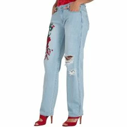 Poetic Justice Women's Curvy Fit Light Wash Dragon Embroidered Mom Jeans