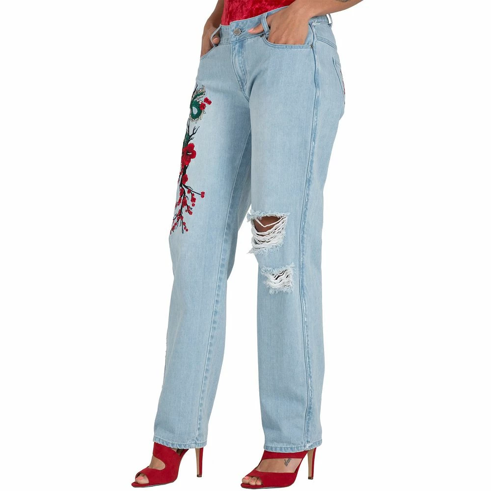 Poetic Justice Women's Curvy Fit Light Wash Dragon Embroidered Mom Jeans 3 Poetic Justice Women's Curvy Fit Light Wash Dragon Embroidered Mom Jeans