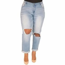 Poetic Justice Plus Size Women's Curvy Fit Light Wash Destroyed Boyfriend Jeans