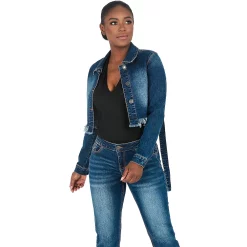 Poetic Justice Curvy Women's Strap Frayed Hem Indigo Tinted Cropped Jean Jacket