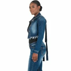 Poetic Justice Curvy Women's Strap Frayed Hem Indigo Tinted Cropped Jean Jacket -Women's Pokkori Clothing 6061536 ALT2