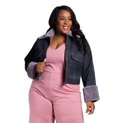 Poetic Justice Women's Plus Size Zip Up Faux Fur Trim Trucker Jacket