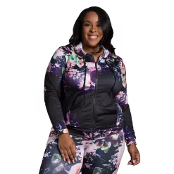 Poetic Justice Plus Size Women's Active Tricot Full Zip Hoodies Floral Print
