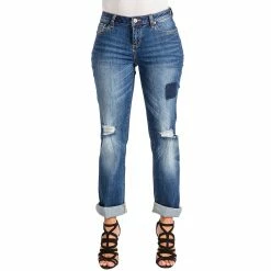 Poetic Justice Women's Curvy Fit Denim Medium Whisker Destroyed Boyfriend Jeans